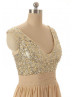 A-line V Neckline Silver Sequin Bridesmaid Dress With Folded Sash